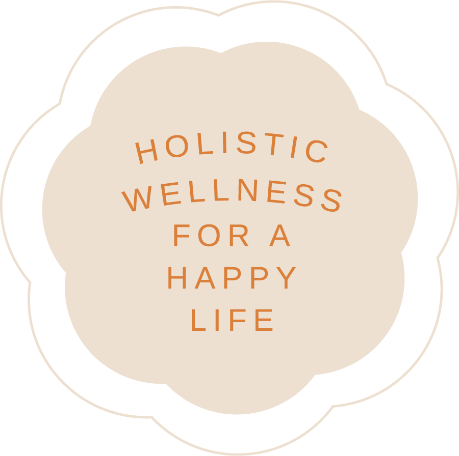 Graphic with a cloud-shaped design featuring the text 'Holistic Wellness for a Happy Life,' emphasizing balanced living and integrative health.
